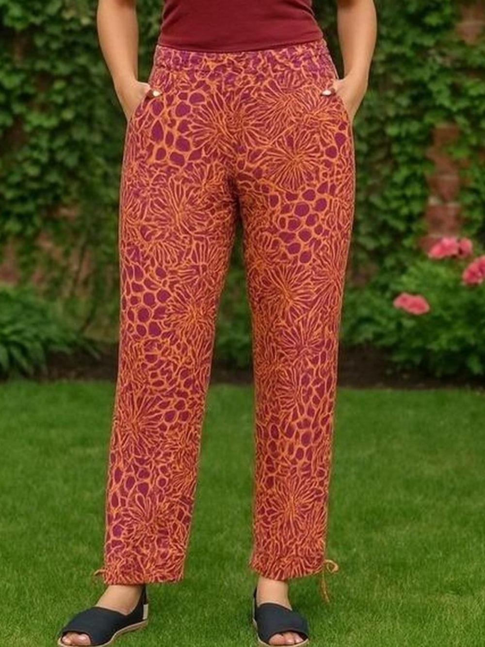 Sundance Purple Orange Floral Wide Leg Drawstring Pants Large Boho